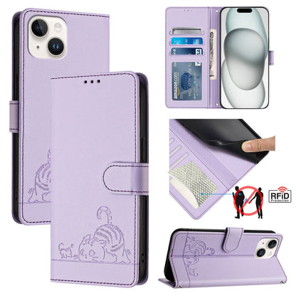 iPhone 13 mini Leather Phone Case with Cat and Rat Embossed Pattern, RFID Protection, Card Holder Slots, Anti-fall Feature & Lanyard