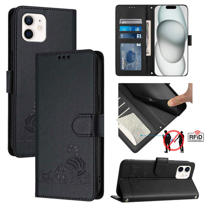 iPhone 12 Leather Phone Case with Cat and Rat Embossed Pattern, RFID Protection, Card Holder Slots, Anti-fall Feature & Lanyard