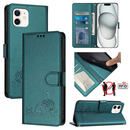 iPhone 12 Leather Phone Case with Cat and Rat Embossed Pattern, RFID Protection, Card Holder Slots, Anti-fall Feature & Lanyard