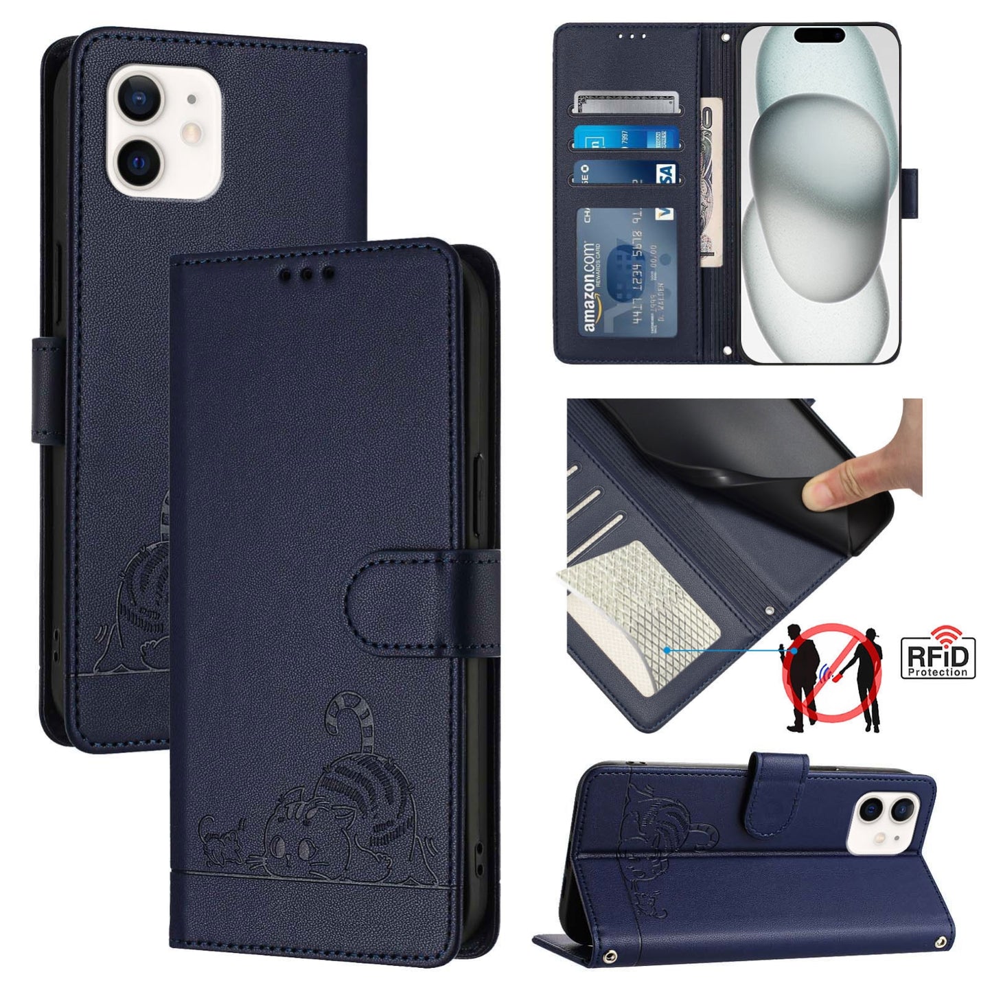 iPhone 12 Pro Leather Phone Case with Cat and Rat Embossed Pattern, RFID Protection, Card Holder Slots, Anti-fall Feature & Lanyard