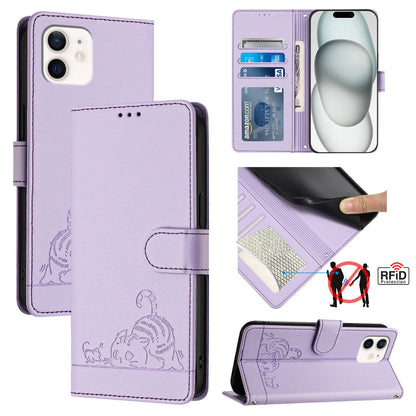 iPhone 12 Leather Phone Case with Cat and Rat Embossed Pattern, RFID Protection, Card Holder Slots, Anti-fall Feature & Lanyard