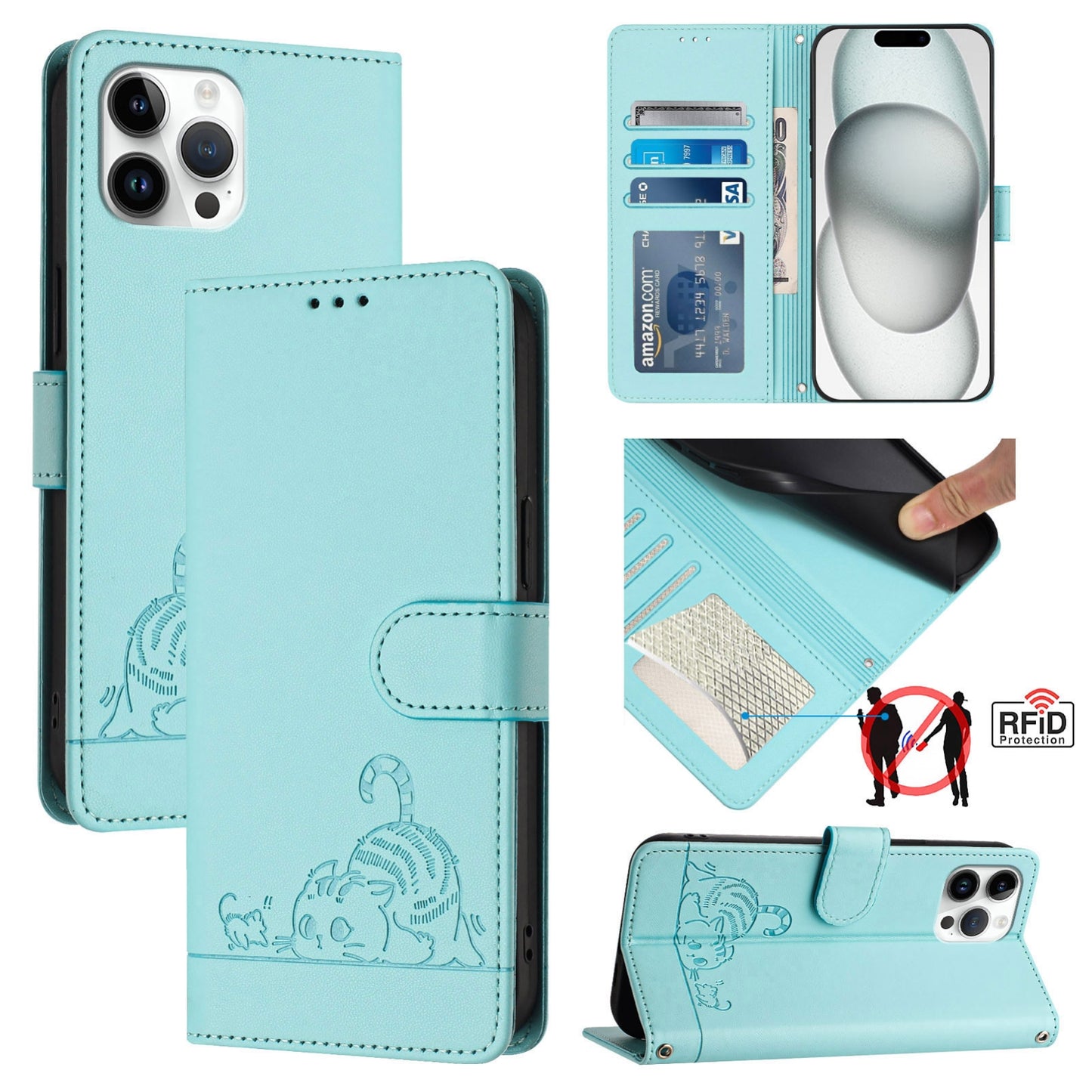 iPhone 12 Pro Max Leather Phone Case with Cat and Rat Embossed Pattern, RFID Protection, Card Holder Slots, Anti-fall Feature & Lanyard