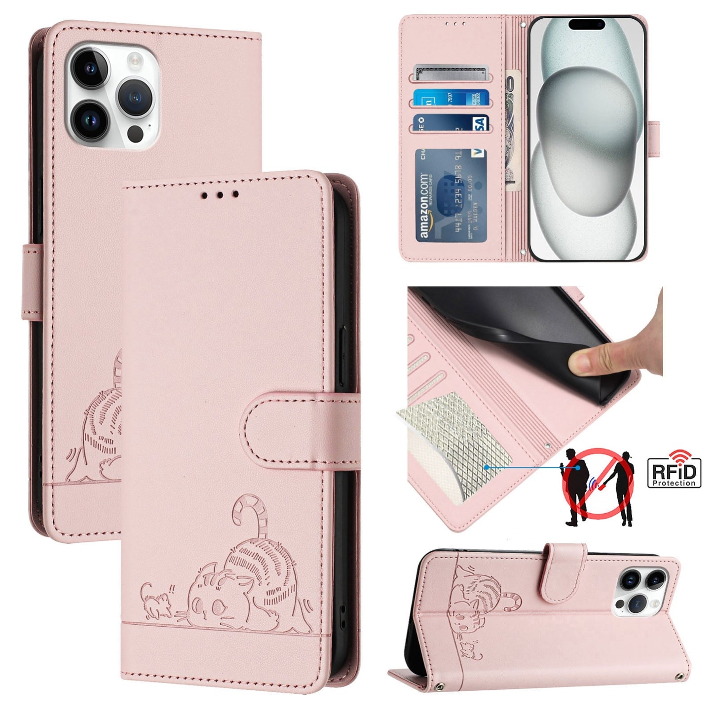 iPhone 12 Pro Max Leather Phone Case with Cat and Rat Embossed Pattern, RFID Protection, Card Holder Slots, Anti-fall Feature & Lanyard