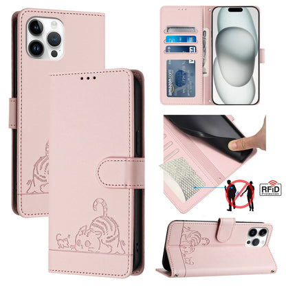 iPhone 12 Pro Max Leather Phone Case with Cat and Rat Embossed Pattern, RFID Protection, Card Holder Slots, Anti-fall Feature & Lanyard