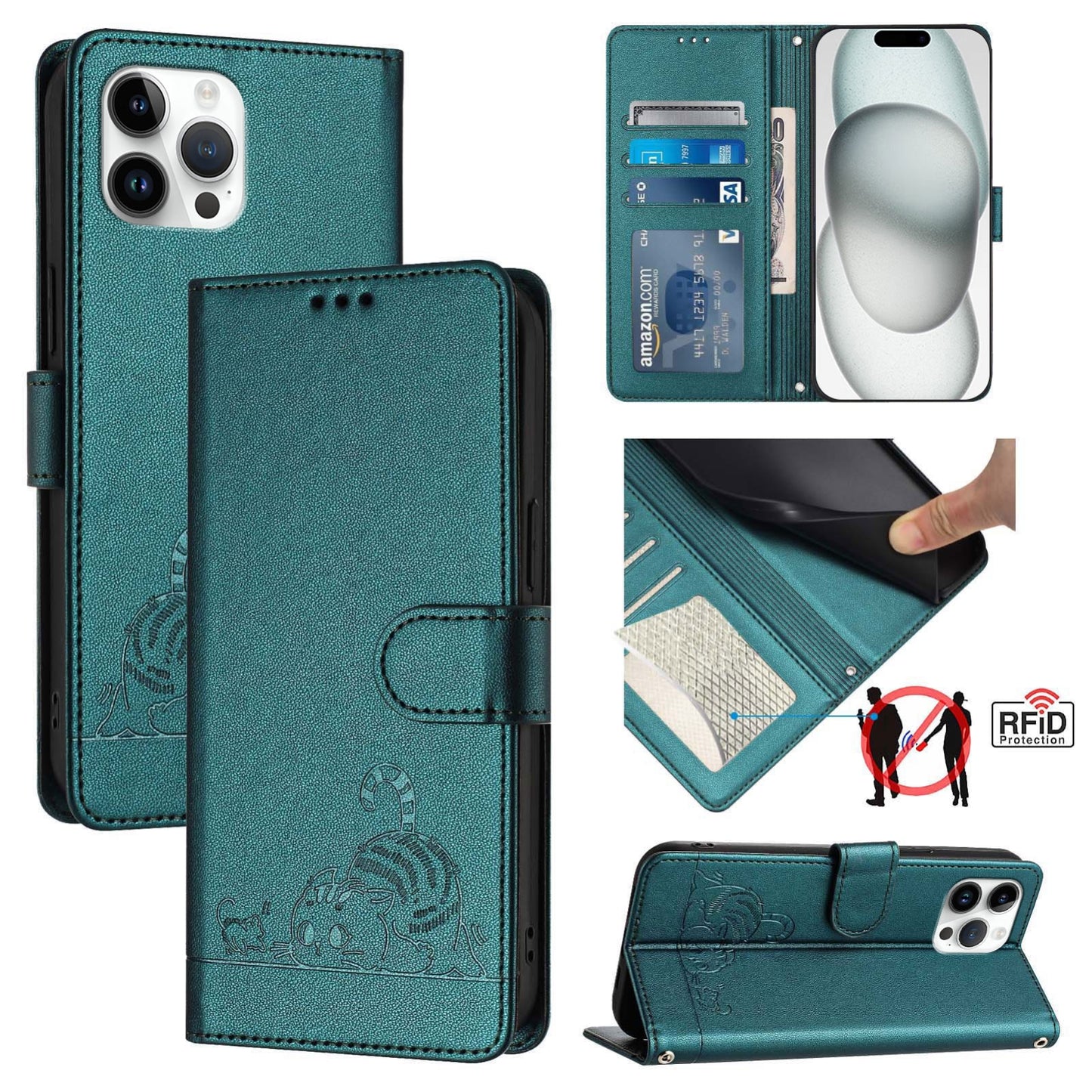 iPhone 12 Pro Max Leather Phone Case with Cat and Rat Embossed Pattern, RFID Protection, Card Holder Slots, Anti-fall Feature & Lanyard