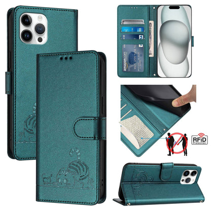 iPhone 12 Pro Max Leather Phone Case with Cat and Rat Embossed Pattern, RFID Protection, Card Holder Slots, Anti-fall Feature & Lanyard