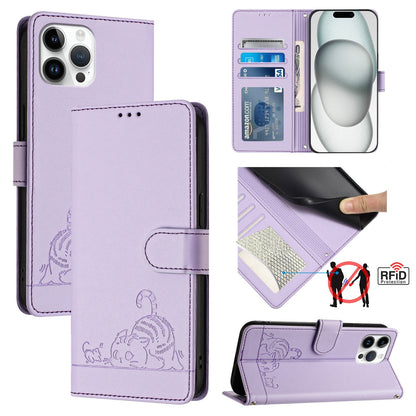 iPhone 12 Pro Max Leather Phone Case with Cat and Rat Embossed Pattern, RFID Protection, Card Holder Slots, Anti-fall Feature & Lanyard