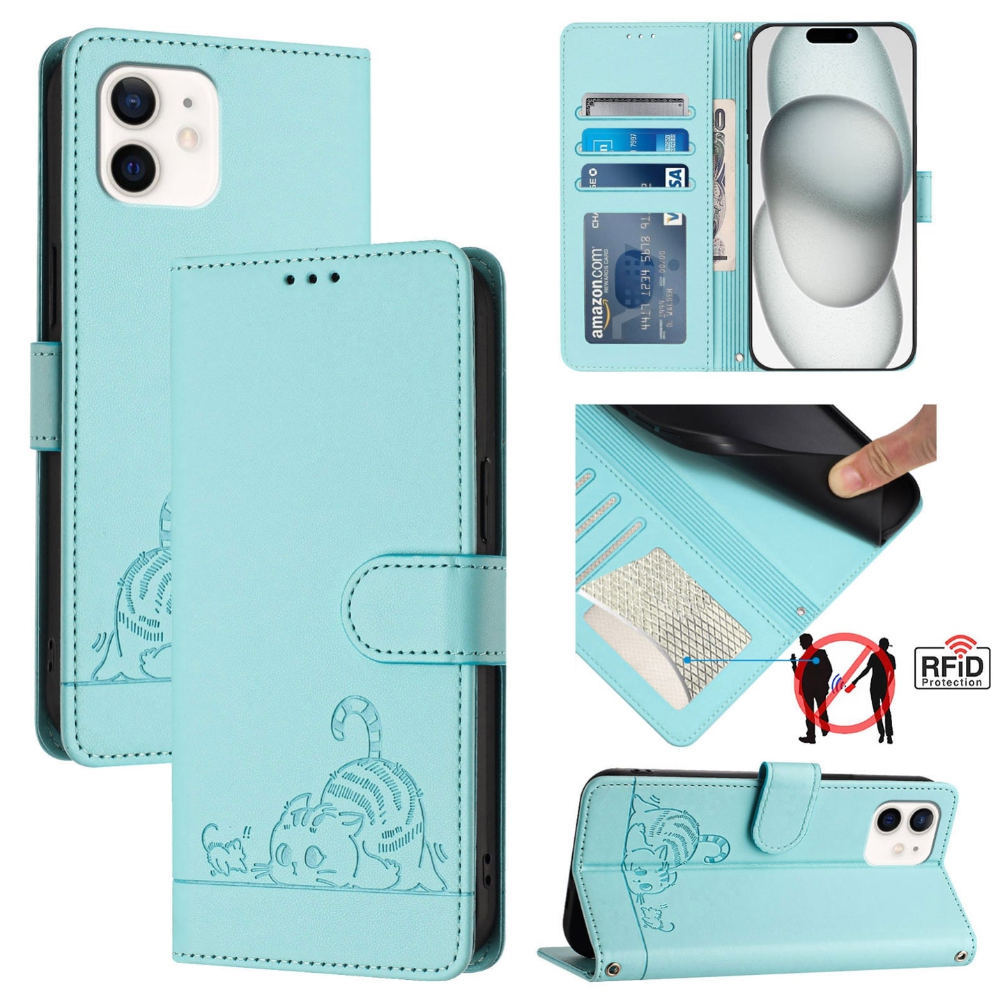 iPhone 12 mini Leather Phone Case with Cat and Rat Embossed Pattern, RFID Protection, Card Holder Slots, Anti-fall Feature & Lanyard