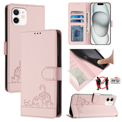 iPhone 12 mini Leather Phone Case with Cat and Rat Embossed Pattern, RFID Protection, Card Holder Slots, Anti-fall Feature & Lanyard