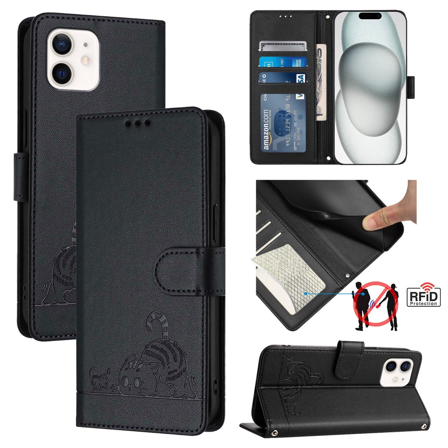 iPhone 12 mini Leather Phone Case with Cat and Rat Embossed Pattern, RFID Protection, Card Holder Slots, Anti-fall Feature & Lanyard