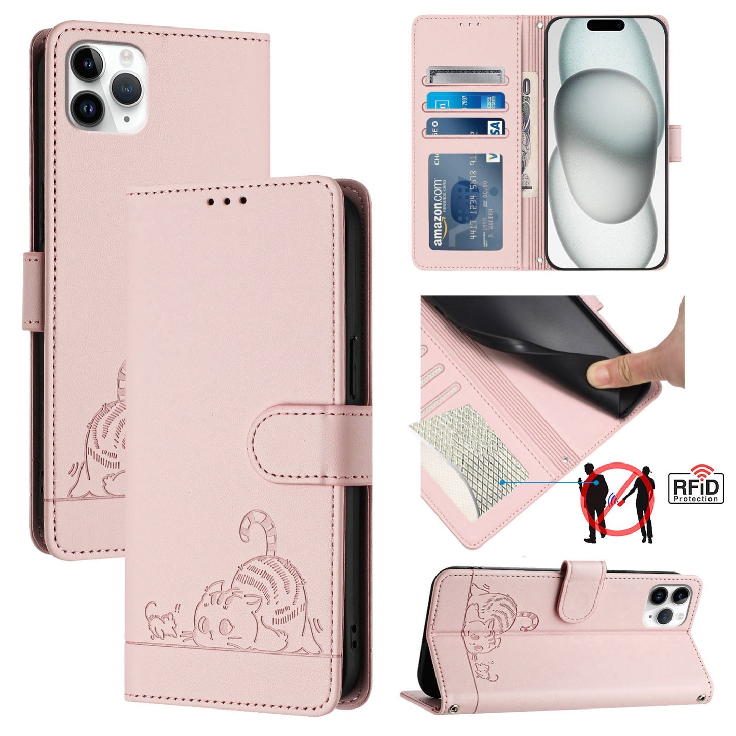 iPhone 11 Pro Max Leather Phone Case with Cat and Rat Embossed Pattern, RFID Protection, Card Holder Slots, Anti-fall Feature & Lanyard