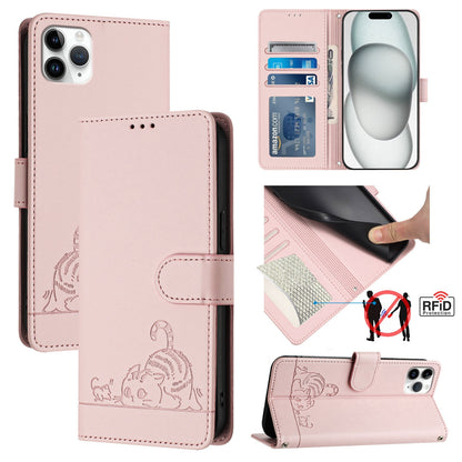 iPhone 11 Pro Max Leather Phone Case with Cat and Rat Embossed Pattern, RFID Protection, Card Holder Slots, Anti-fall Feature & Lanyard