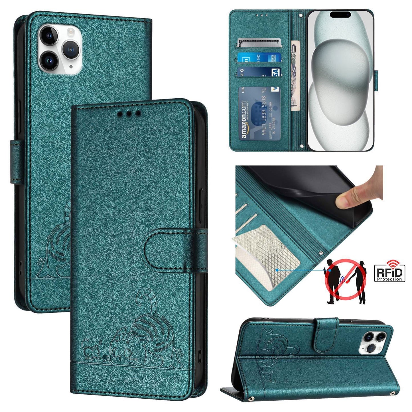 iPhone 11 Pro Max Leather Phone Case with Cat and Rat Embossed Pattern, RFID Protection, Card Holder Slots, Anti-fall Feature & Lanyard