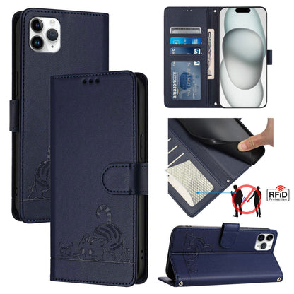 iPhone 11 Pro Max Leather Phone Case with Cat and Rat Embossed Pattern, RFID Protection, Card Holder Slots, Anti-fall Feature & Lanyard