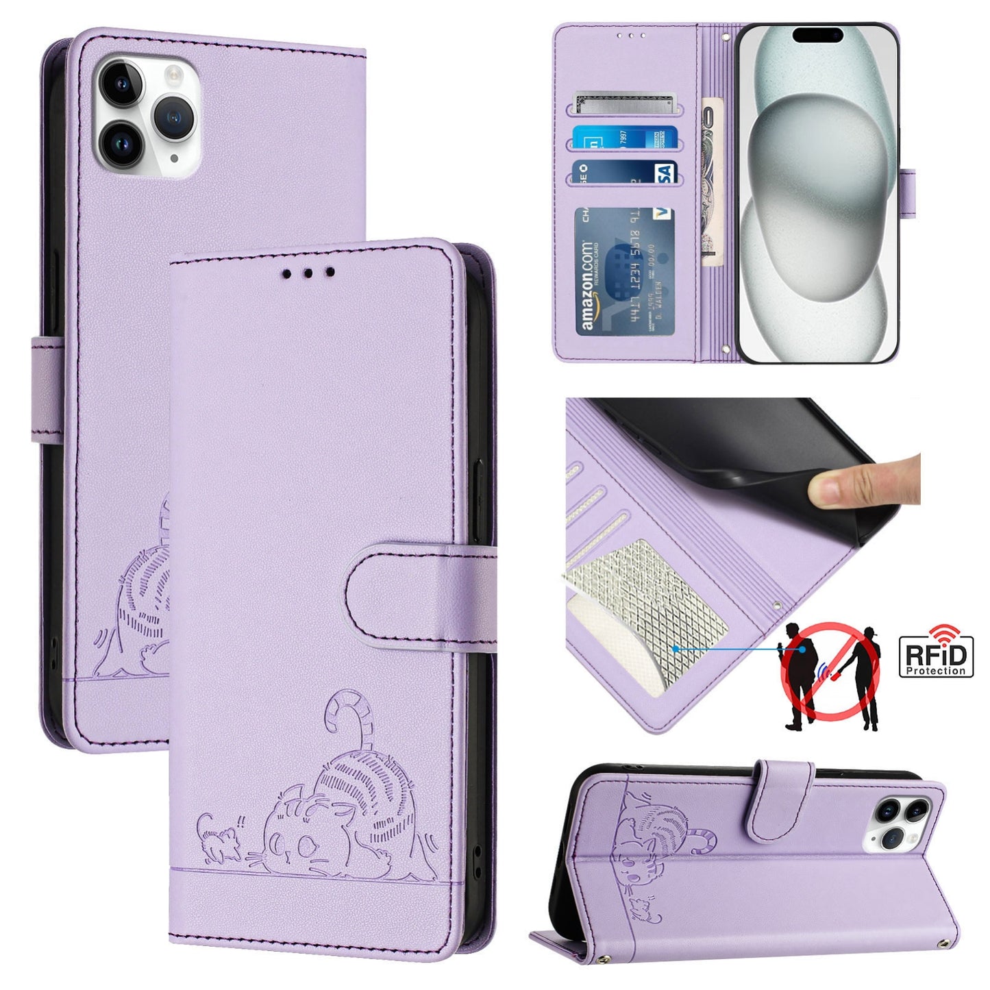 iPhone 11 Pro Max Leather Phone Case with Cat and Rat Embossed Pattern, RFID Protection, Card Holder Slots, Anti-fall Feature & Lanyard