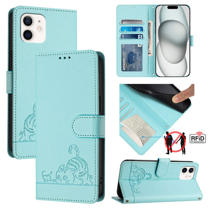 iPhone 11 Leather Phone Case with Cat and Rat Embossed Pattern, RFID Protection, Card Holder Slots, Anti-fall Feature & Lanyard