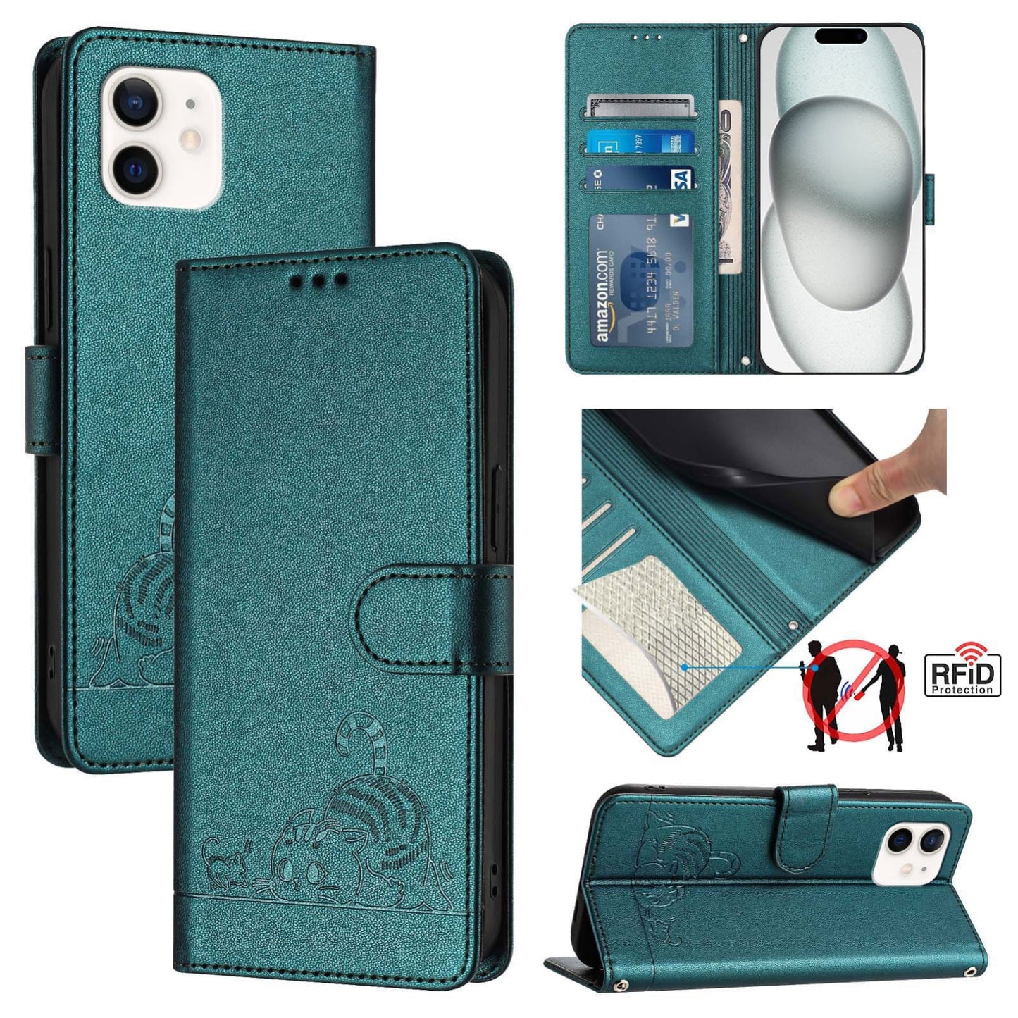 iPhone 11 Leather Phone Case with Cat and Rat Embossed Pattern, RFID Protection, Card Holder Slots, Anti-fall Feature & Lanyard