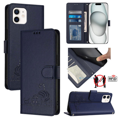 iPhone 11 Leather Phone Case with Cat and Rat Embossed Pattern, RFID Protection, Card Holder Slots, Anti-fall Feature & Lanyard