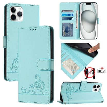 iPhone 11 Pro Leather Phone Case with Cat and Rat Embossed Pattern, RFID Protection, Card Holder Slots, Anti-fall Feature & Lanyard