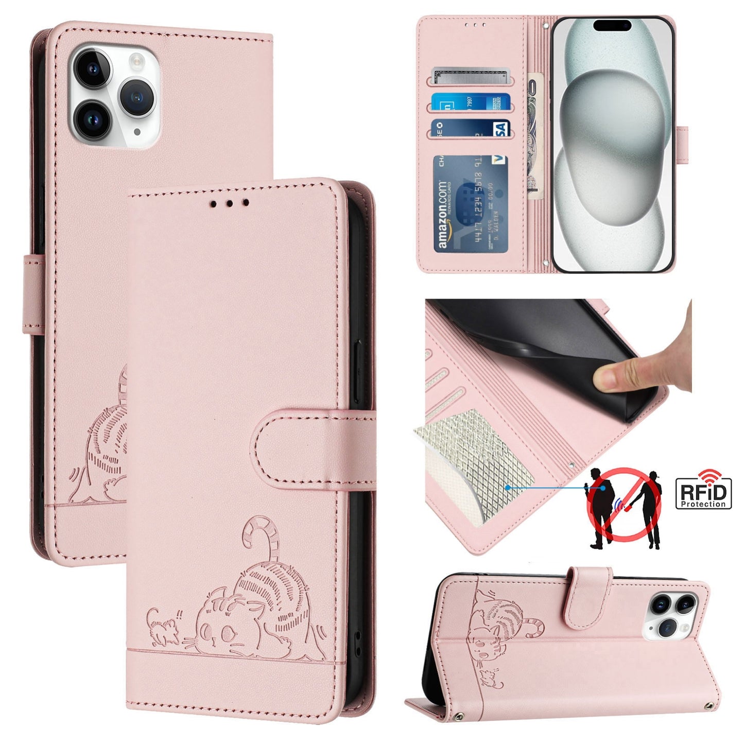 iPhone 11 Pro Leather Phone Case with Cat and Rat Embossed Pattern, RFID Protection, Card Holder Slots, Anti-fall Feature & Lanyard