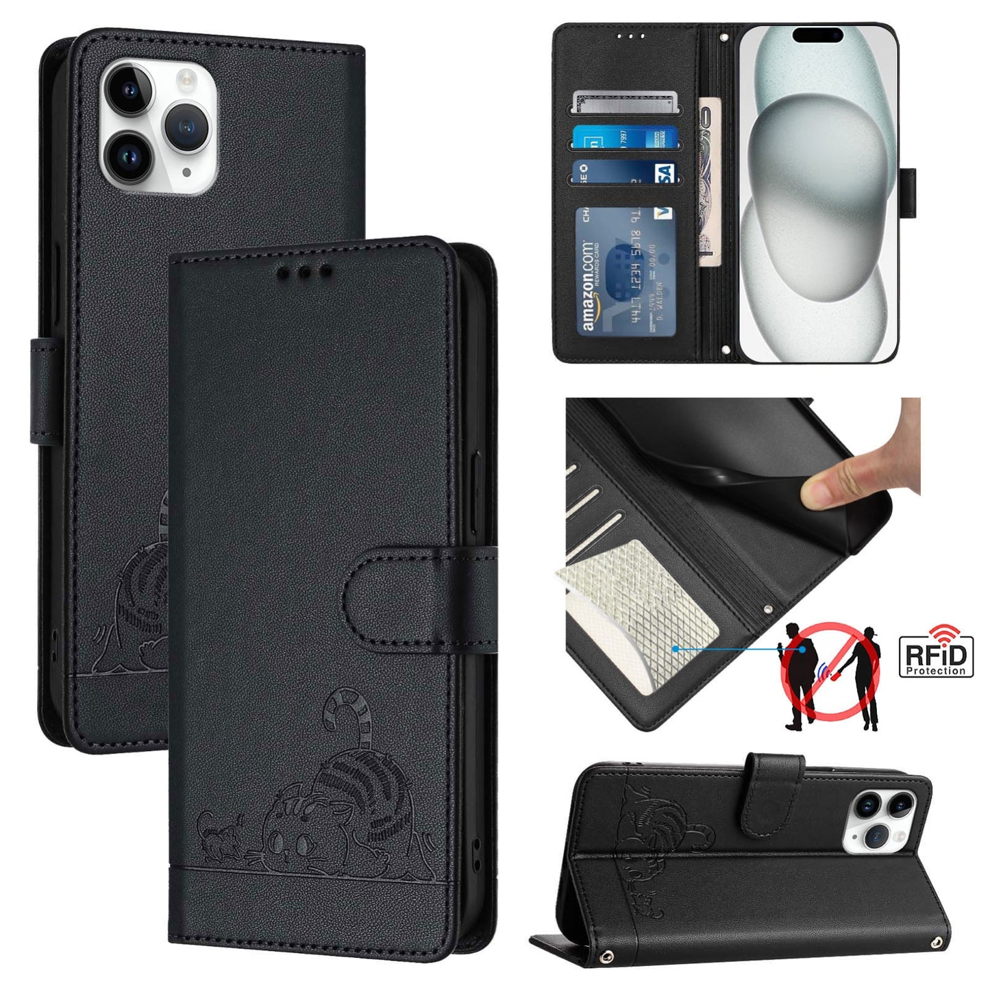 iPhone 11 Pro Leather Phone Case with Cat and Rat Embossed Pattern, RFID Protection, Card Holder Slots, Anti-fall Feature & Lanyard