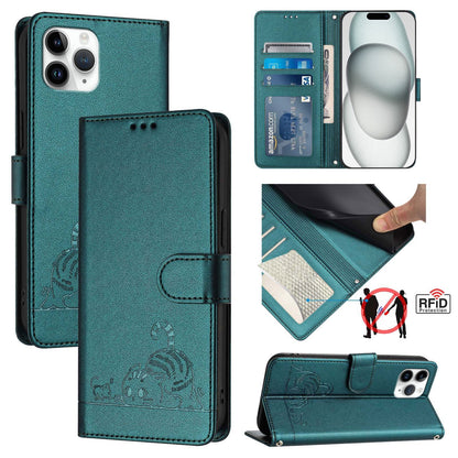 iPhone 11 Pro Leather Phone Case with Cat and Rat Embossed Pattern, RFID Protection, Card Holder Slots, Anti-fall Feature & Lanyard