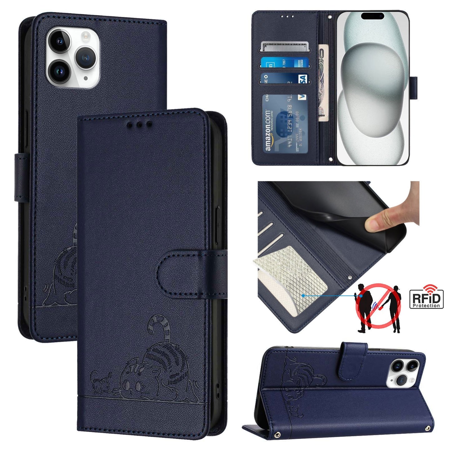 iPhone 11 Pro Leather Phone Case with Cat and Rat Embossed Pattern, RFID Protection, Card Holder Slots, Anti-fall Feature & Lanyard