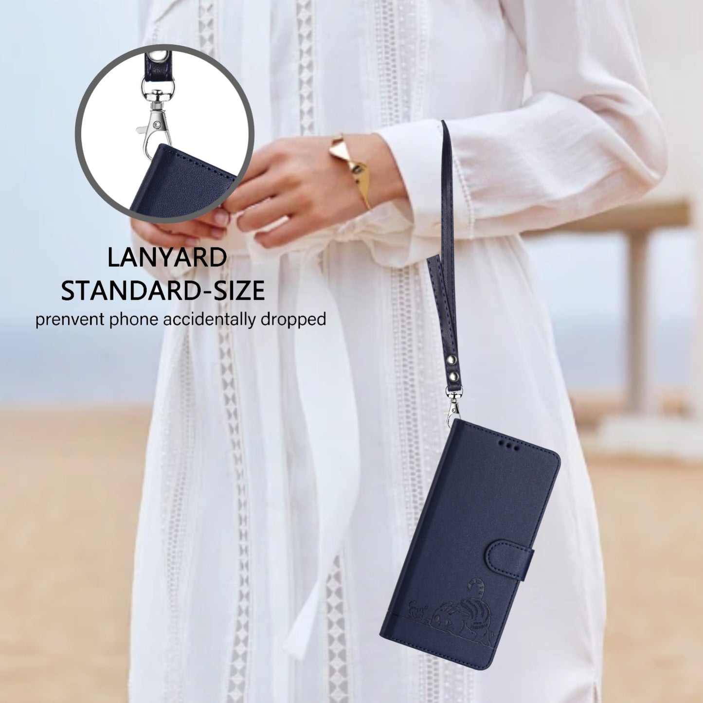 iPhone 11 Pro Leather Phone Case with Cat and Rat Embossed Pattern, RFID Protection, Card Holder Slots, Anti-fall Feature & Lanyard