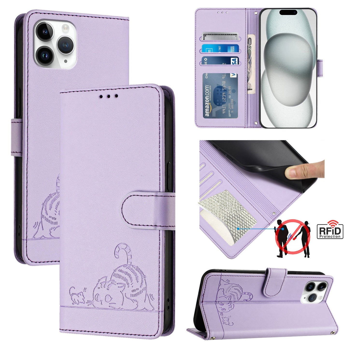iPhone 11 Pro Leather Phone Case with Cat and Rat Embossed Pattern, RFID Protection, Card Holder Slots, Anti-fall Feature & Lanyard