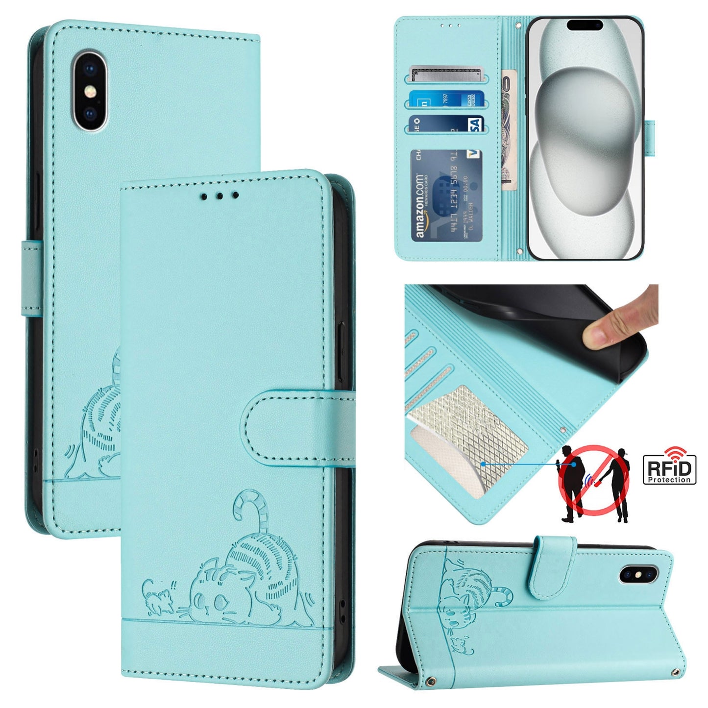 iPhone X Leather Phone Case with Cat and Rat Embossed Pattern, RFID Protection, Card Holder Slots, Anti-fall Feature & Lanyard