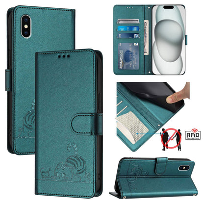 iPhone XS Leather Phone Case with Cat and Rat Embossed Pattern, RFID Protection, Card Holder Slots, Anti-fall Feature & Lanyard