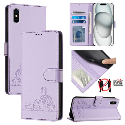 iPhone X Leather Phone Case with Cat and Rat Embossed Pattern, RFID Protection, Card Holder Slots, Anti-fall Feature & Lanyard