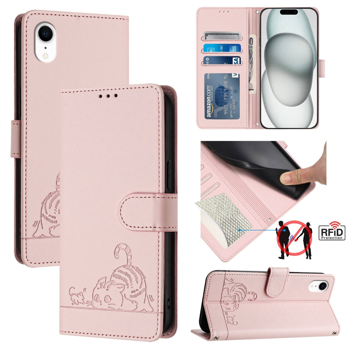 iPhone XR Leather Phone Case with Cat and Rat Embossed Pattern, RFID Protection, Card Holder Slots, Anti-fall Feature & Lanyard