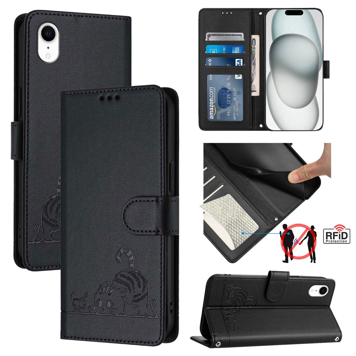 iPhone XR Leather Phone Case with Cat and Rat Embossed Pattern, RFID Protection, Card Holder Slots, Anti-fall Feature & Lanyard