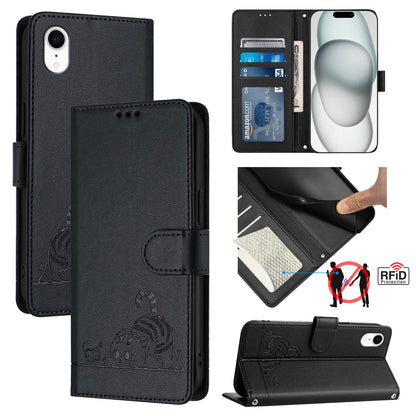 iPhone XR Leather Phone Case with Cat and Rat Embossed Pattern, RFID Protection, Card Holder Slots, Anti-fall Feature & Lanyard