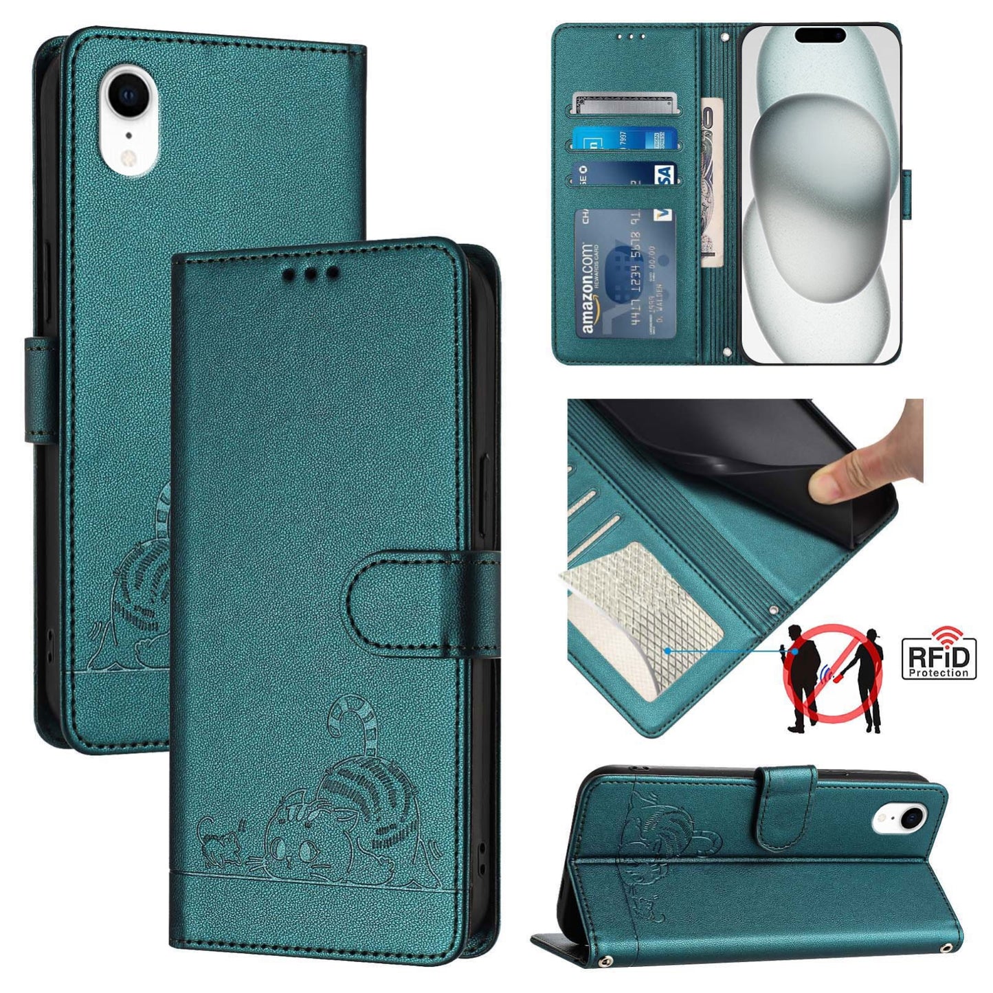 iPhone XR Leather Phone Case with Cat and Rat Embossed Pattern, RFID Protection, Card Holder Slots, Anti-fall Feature & Lanyard