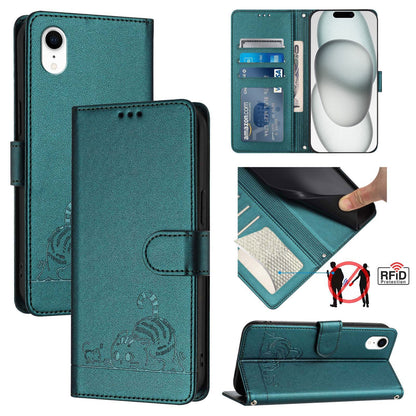 iPhone XR Leather Phone Case with Cat and Rat Embossed Pattern, RFID Protection, Card Holder Slots, Anti-fall Feature & Lanyard