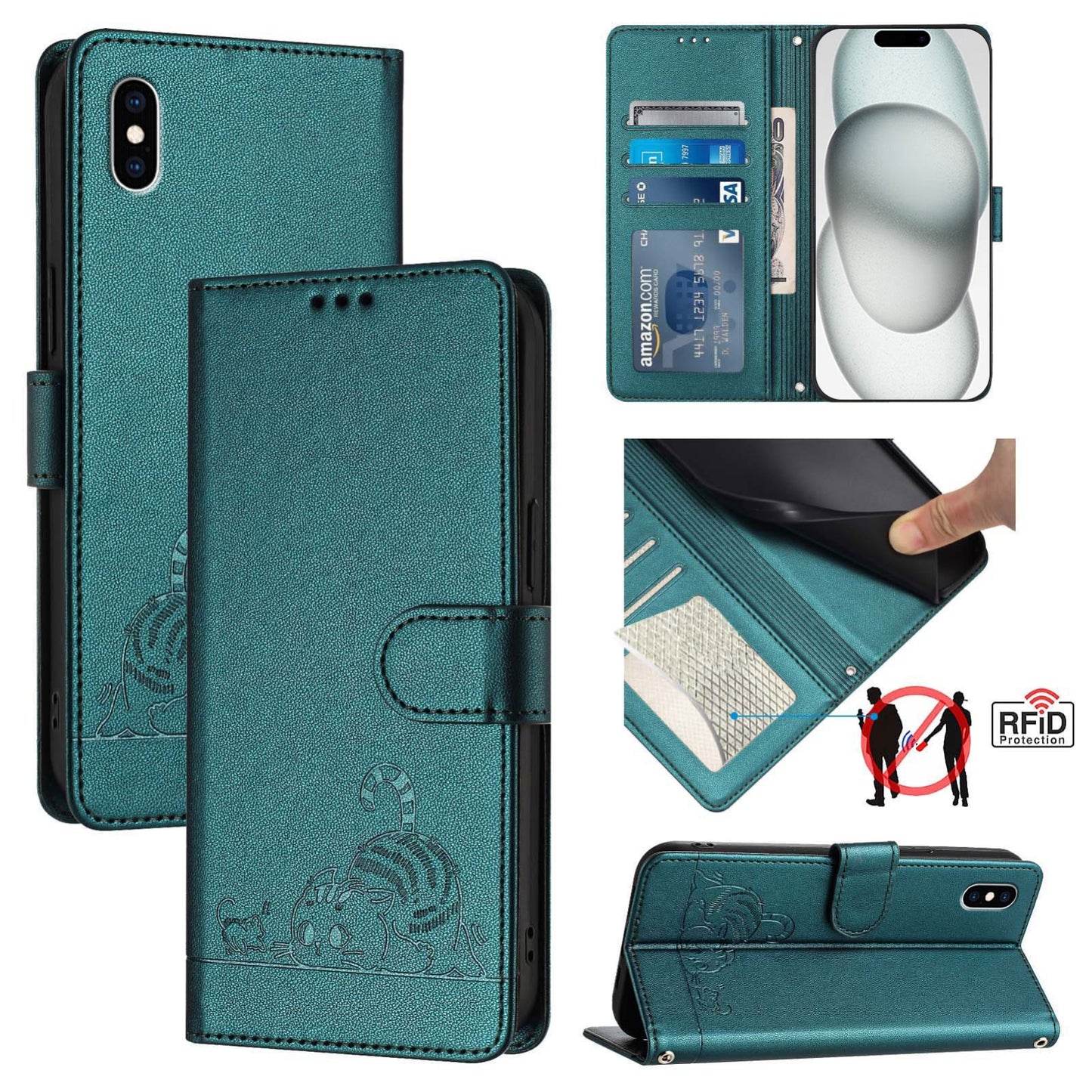 iPhone XS Max Leather Phone Case with Cat and Rat Embossed Pattern, RFID Protection, Card Holder Slots, Anti-fall Feature & Lanyard