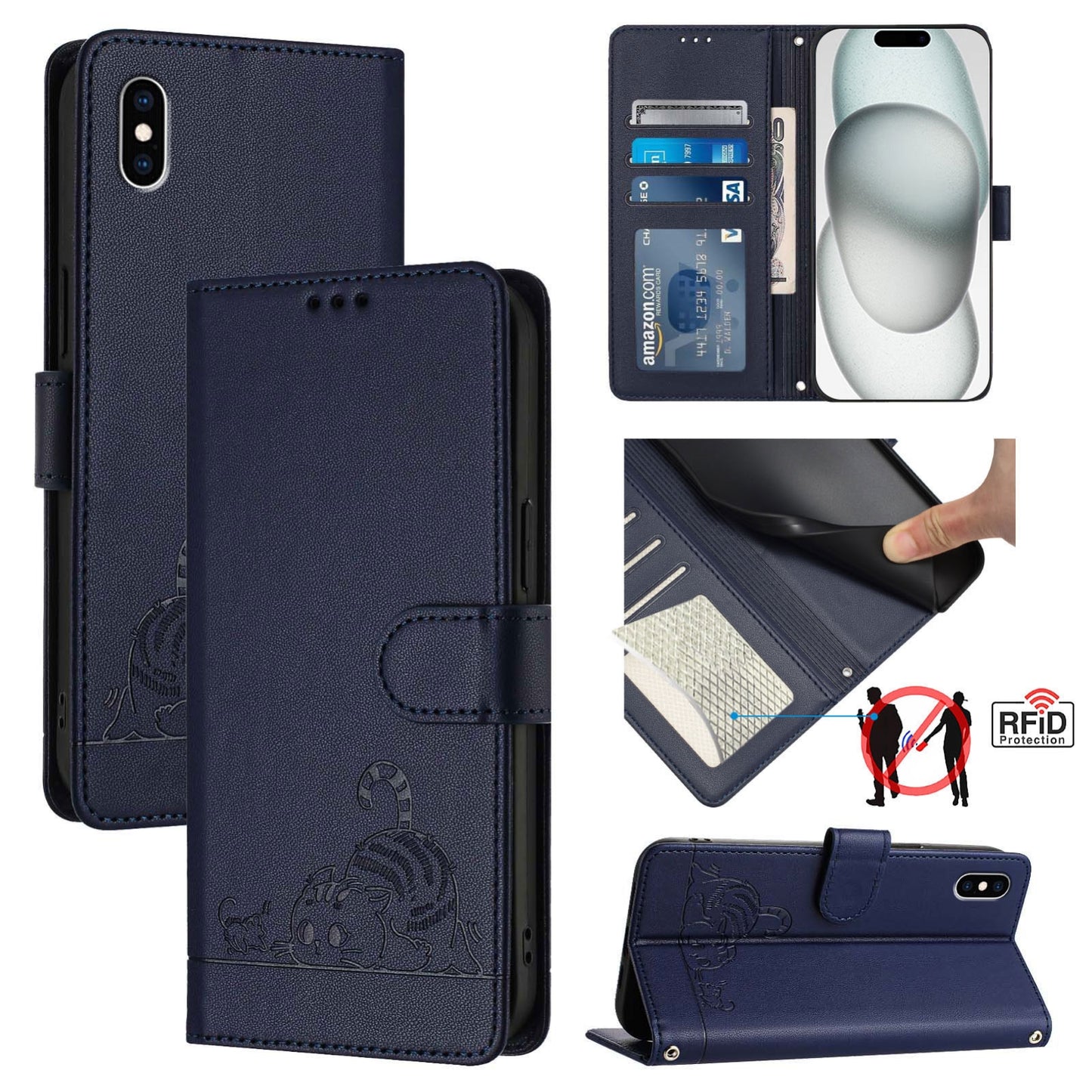 iPhone XS Max Leather Phone Case with Cat and Rat Embossed Pattern, RFID Protection, Card Holder Slots, Anti-fall Feature & Lanyard
