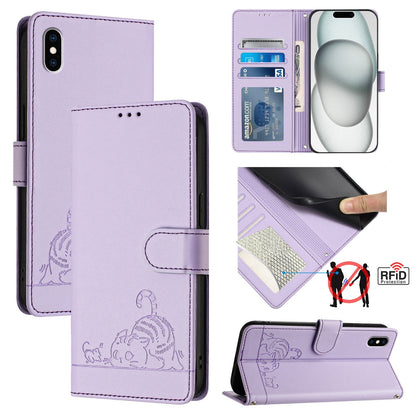 iPhone XS Max Leather Phone Case with Cat and Rat Embossed Pattern, RFID Protection, Card Holder Slots, Anti-fall Feature & Lanyard