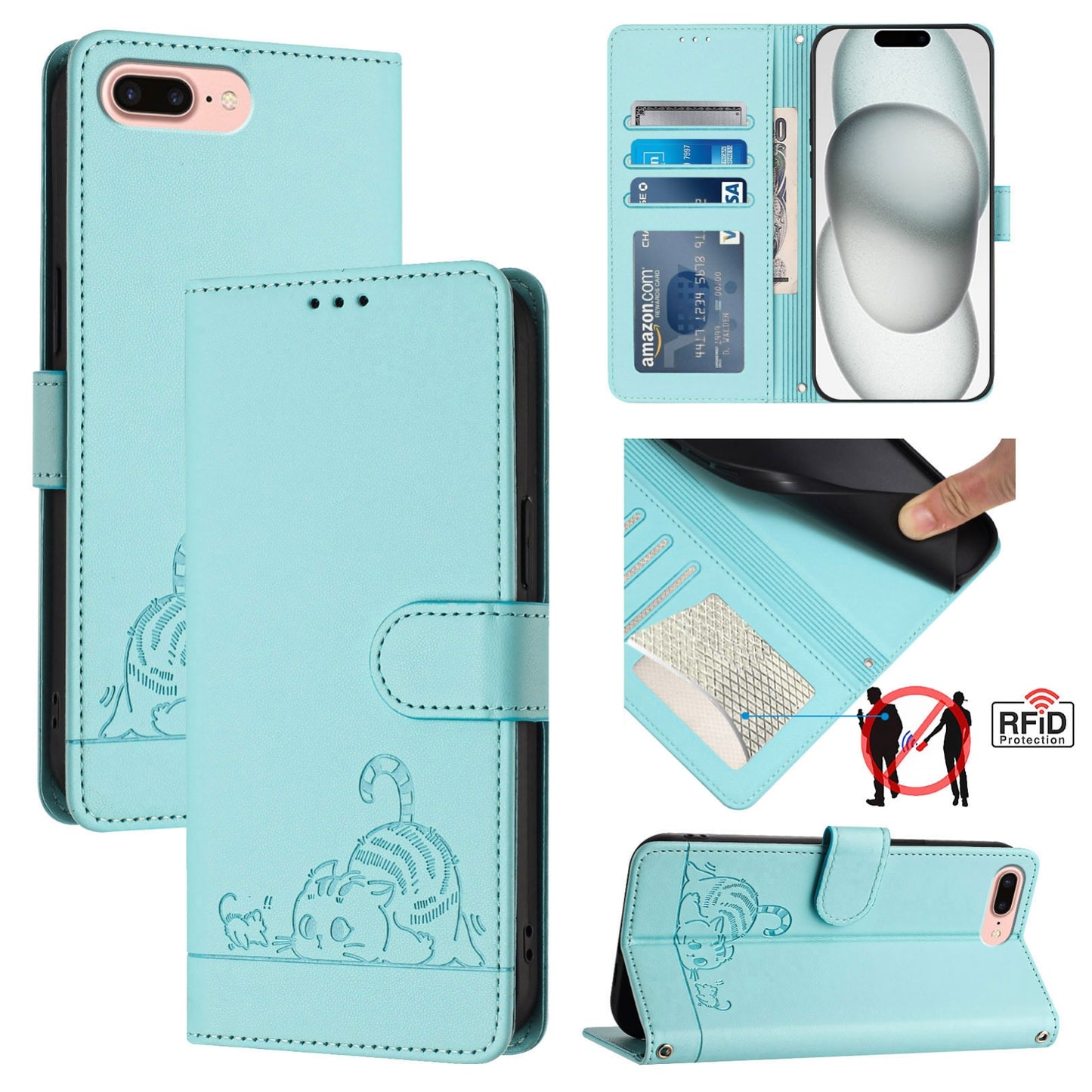 iPhone 7 Plus Leather Phone Case with Cat and Rat Embossed Pattern, RFID Protection, Card Holder Slots, Anti-fall Feature & Lanyard