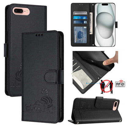iPhone 7 Plus Leather Phone Case with Cat and Rat Embossed Pattern, RFID Protection, Card Holder Slots, Anti-fall Feature & Lanyard