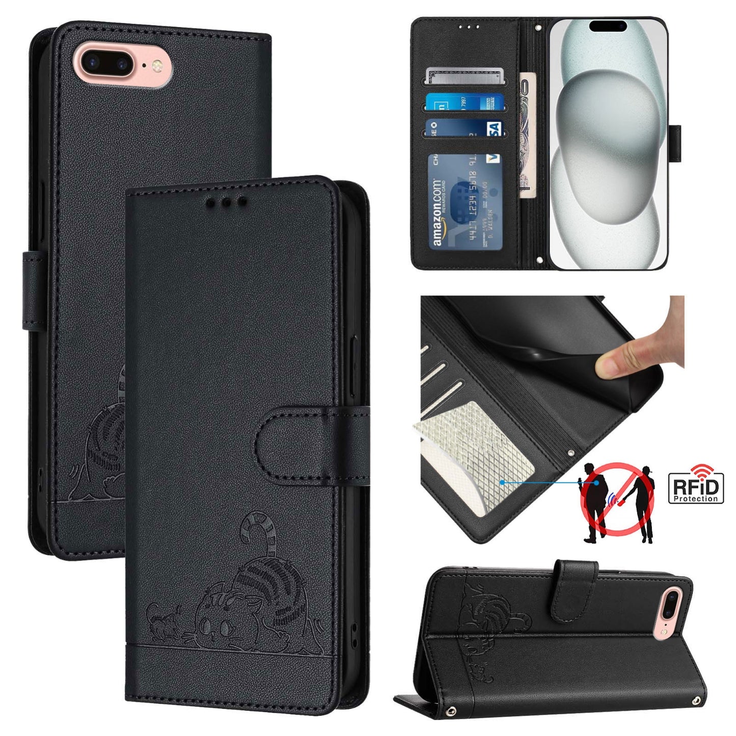 iPhone 8 Plus Leather Phone Case with Cat and Rat Embossed Pattern, RFID Protection, Card Holder Slots, Anti-fall Feature & Lanyard