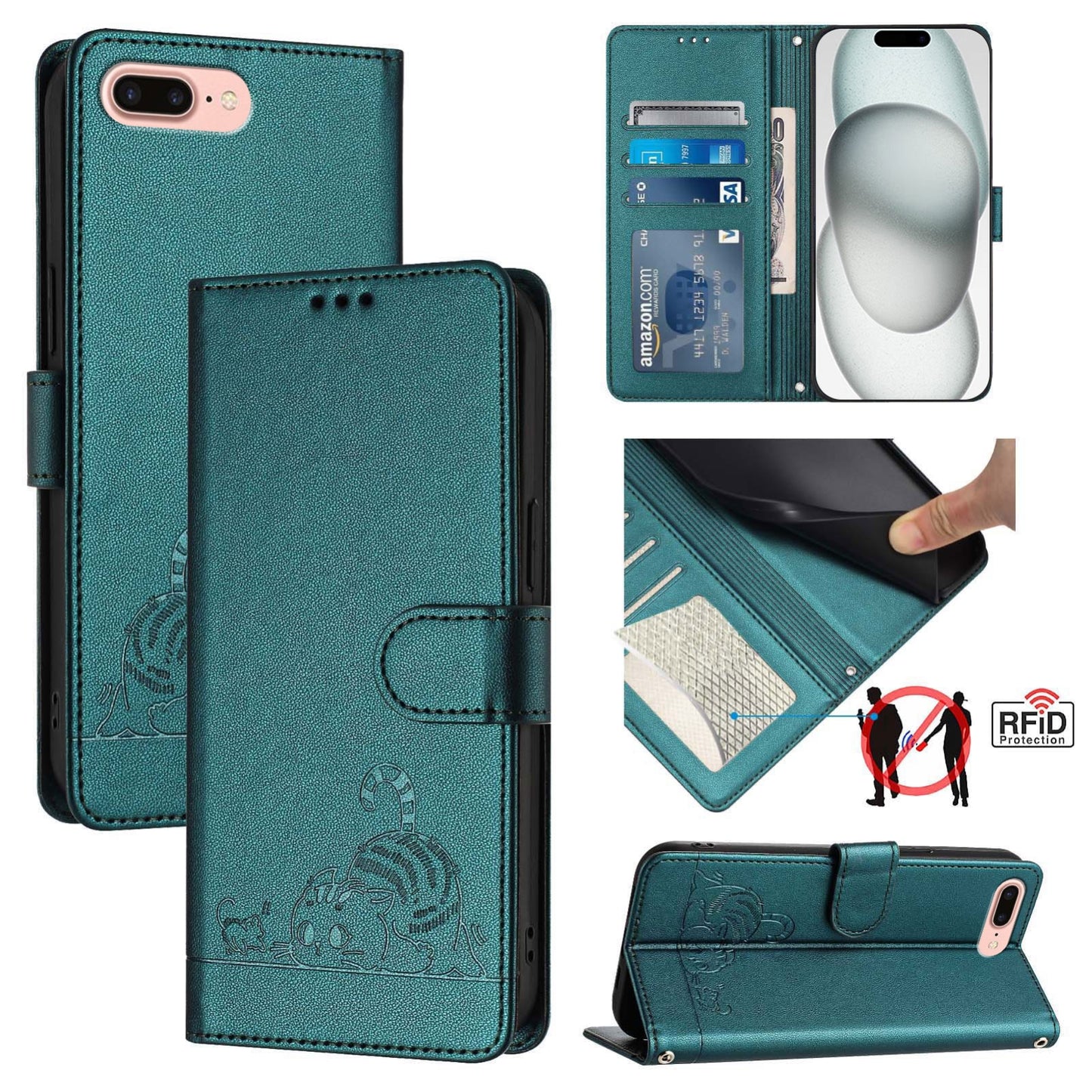 iPhone 7 Plus Leather Phone Case with Cat and Rat Embossed Pattern, RFID Protection, Card Holder Slots, Anti-fall Feature & Lanyard