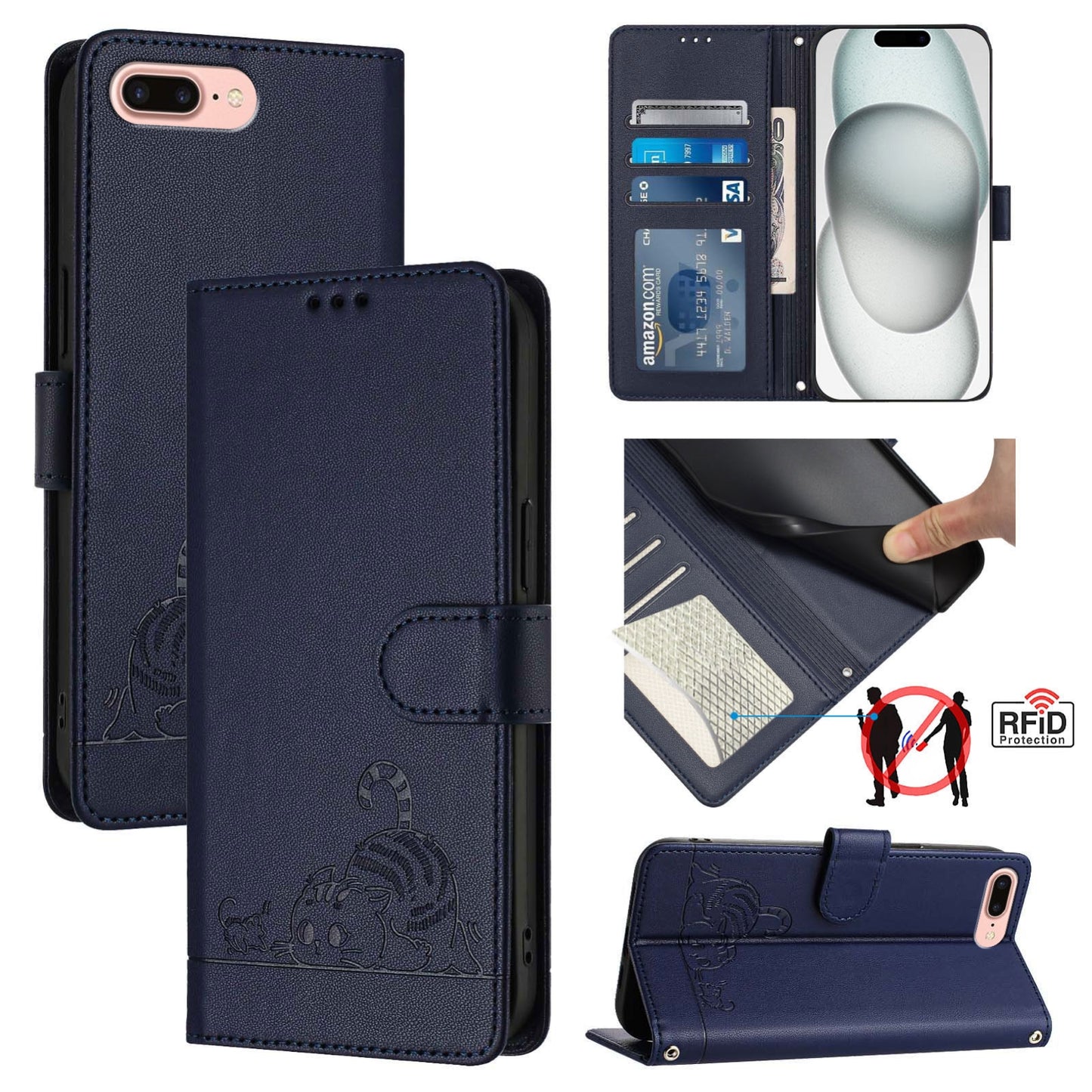iPhone 7 Plus Leather Phone Case with Cat and Rat Embossed Pattern, RFID Protection, Card Holder Slots, Anti-fall Feature & Lanyard