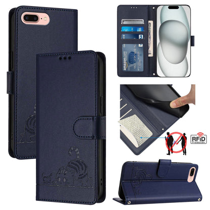 iPhone 8 Plus Leather Phone Case with Cat and Rat Embossed Pattern, RFID Protection, Card Holder Slots, Anti-fall Feature & Lanyard