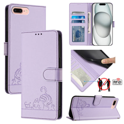 iPhone 8 Plus Leather Phone Case with Cat and Rat Embossed Pattern, RFID Protection, Card Holder Slots, Anti-fall Feature & Lanyard