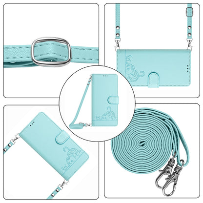 iPhone SE 2024 Leather Phone Case with Cat and Rat Embossed Pattern, RFID Protection, Card Holder Slots, Anti-fall Feature & Lanyard