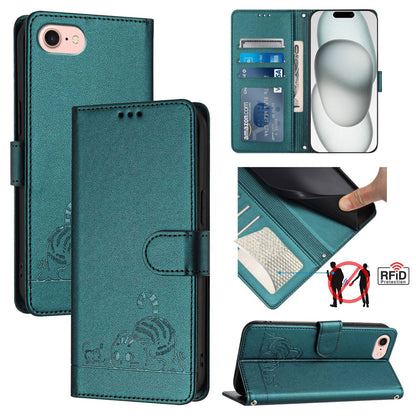 iPhone SE 2024 Leather Phone Case with Cat and Rat Embossed Pattern, RFID Protection, Card Holder Slots, Anti-fall Feature & Lanyard
