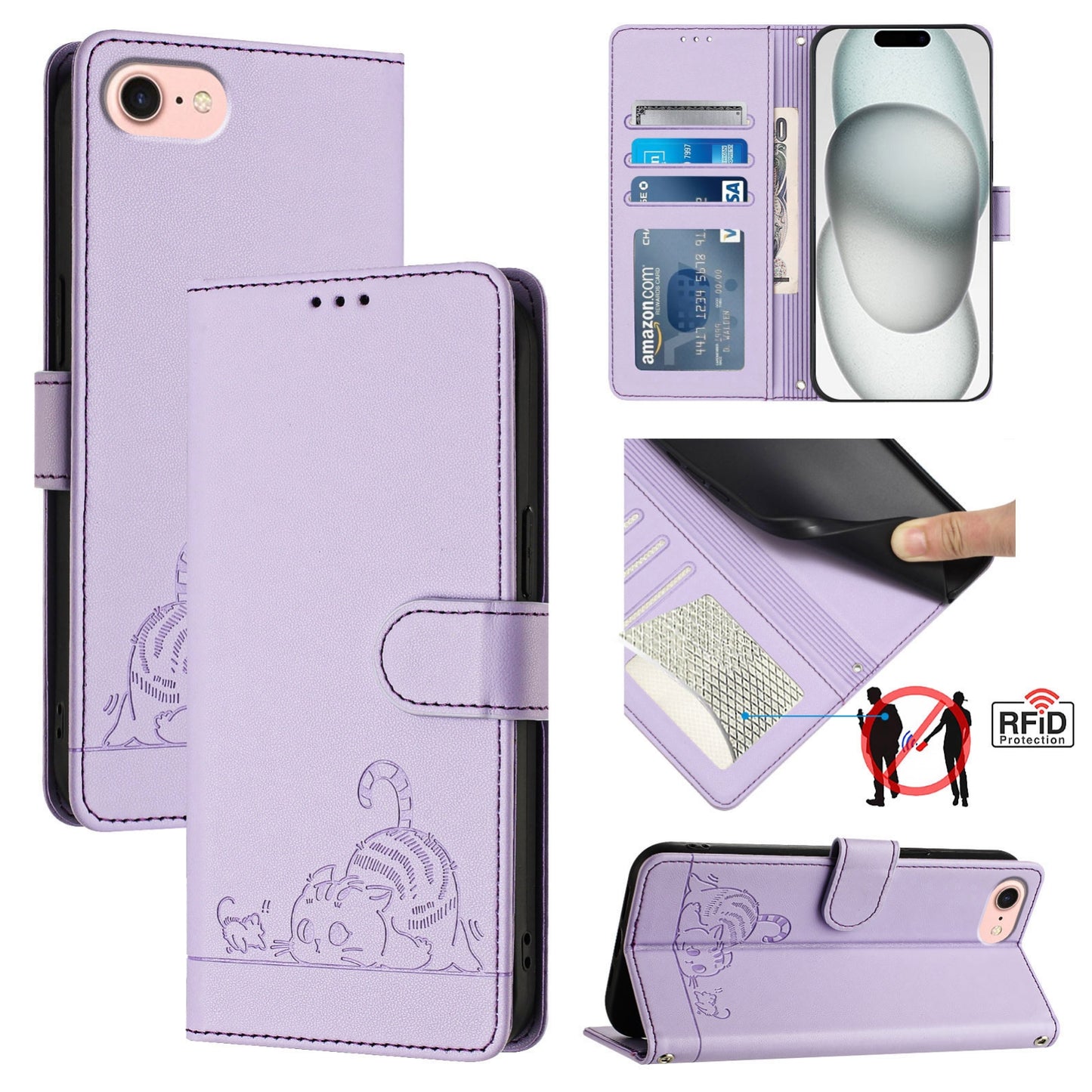iPhone SE 2024 Leather Phone Case with Cat and Rat Embossed Pattern, RFID Protection, Card Holder Slots, Anti-fall Feature & Lanyard